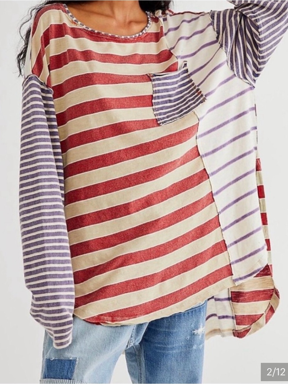 Free People Red & Purple-Blue Striped Long-Sleeve Pocket Tee NWT